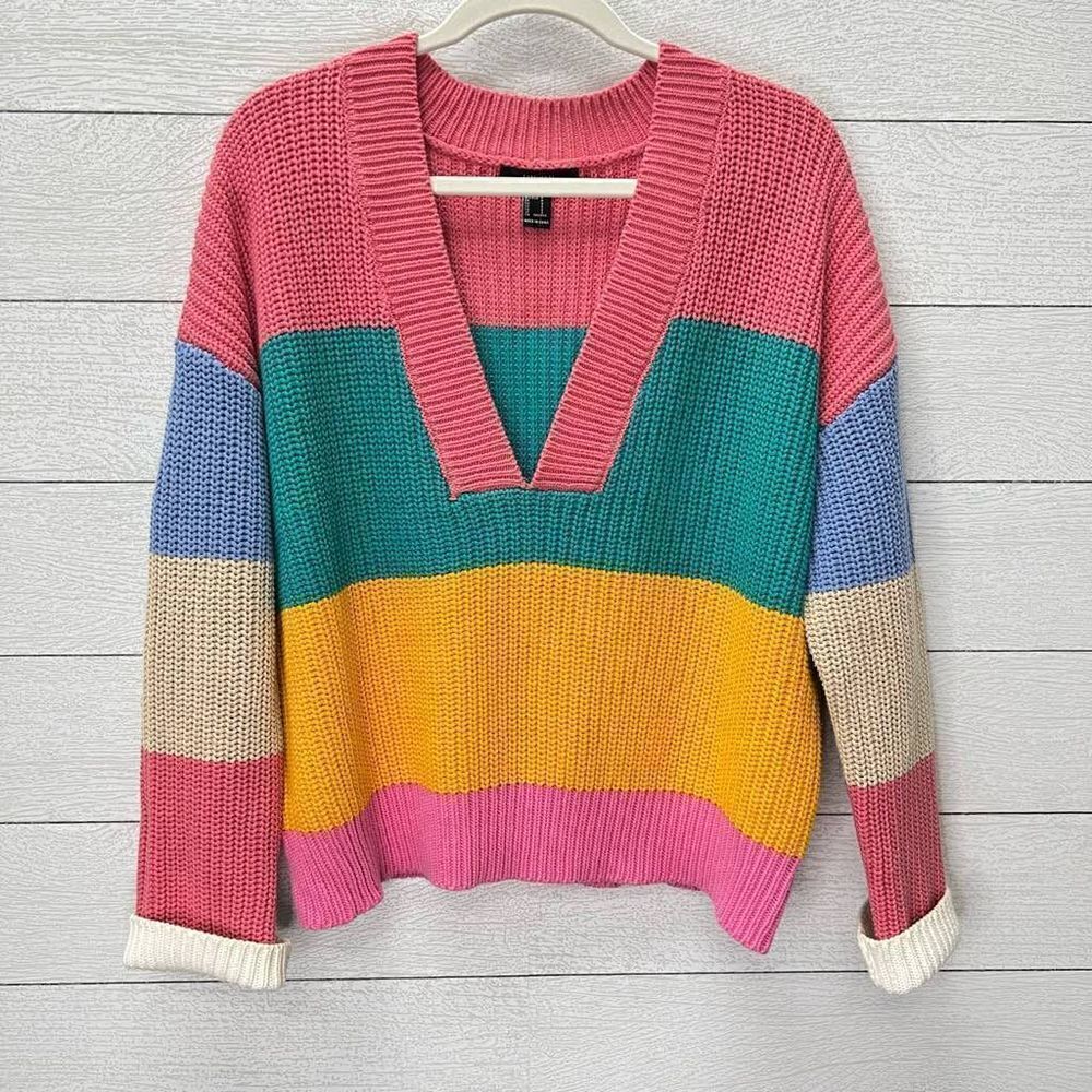 Forever 21 Rainbow Bright Multi-Colored Striped Chunky V-Neck Sweater Size S
